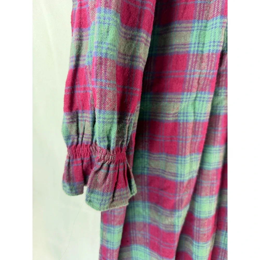 Lanz of Salzburg Eileen West Plaid Flannel Nightgown Pink Green Ruffle Medium